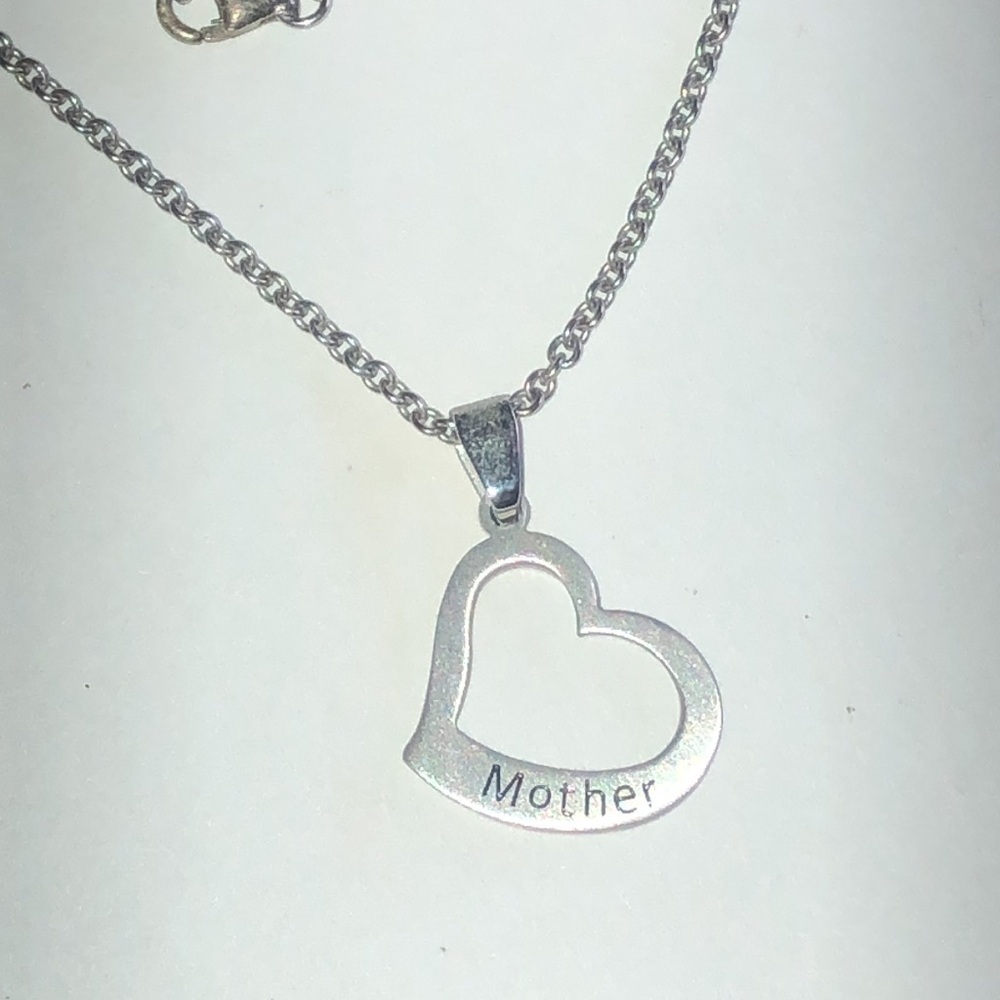Stainless Steel Silver Tone Mother Heart Pendant Necklace